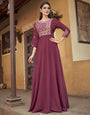 Light Wine Muslin Embroidery Work Gown