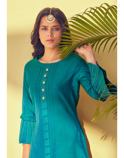 Rama Blue Roman Silk With Embroidery Work Party Kurti