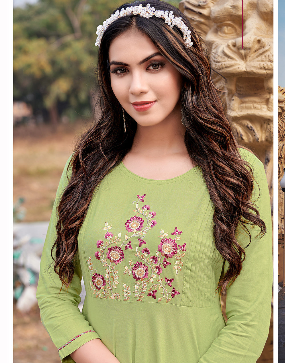 Pista Green Rayon Cotton With Heavy Embroidery Work Long Kurti