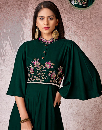 Dark Green Rayon Cotton With Heavy Embroidery Long Kurti