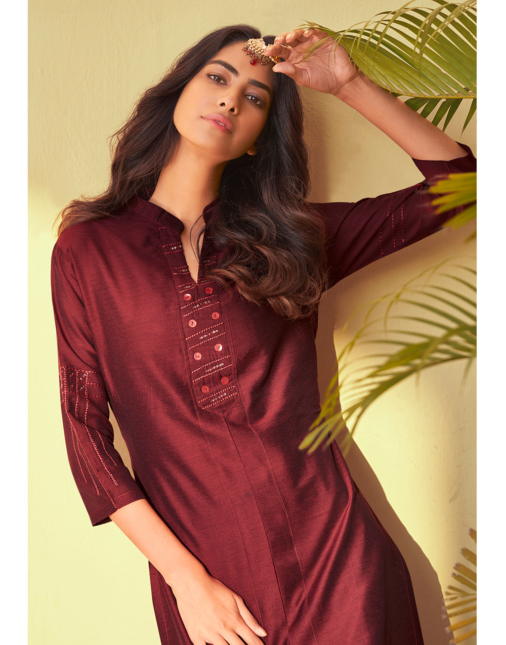 Dark Maroon Roman Silk With Embroidery Work Party Kurti