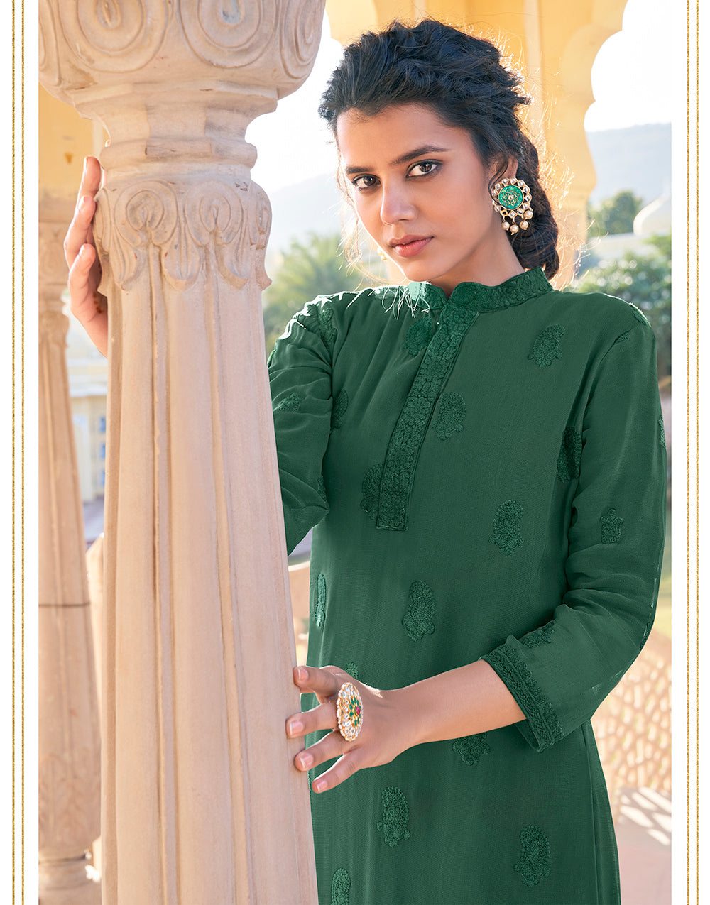 Green Fox Georgette With Embroidery Work Kurti