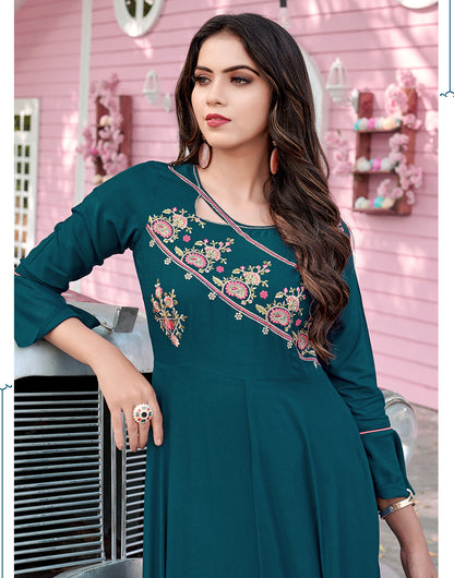 Teal Green Rayon Cotton With Heavy Embroidery Work Long Kurti