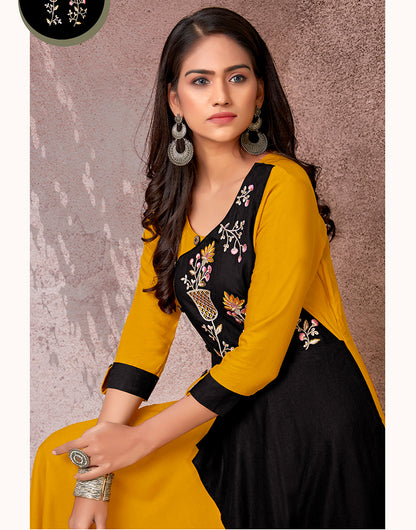 Fire Yellow & Black Rayon Cotton With Heavy Embroidery Long Kurti