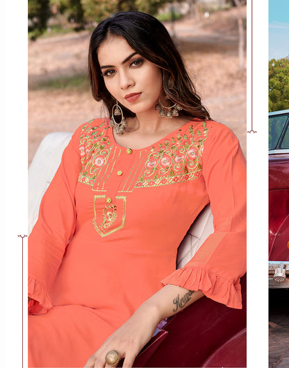 Light Orange Rayon Cotton With Heavy Embroidery Work Long Kurti