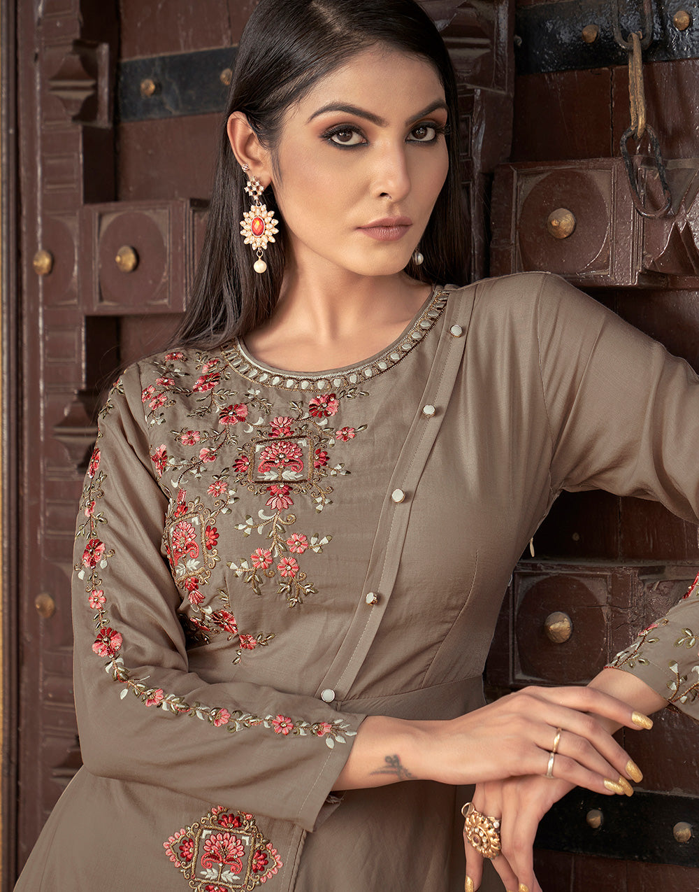 Taupe Beige Muslin Silk With Heavy Embroidery Gown