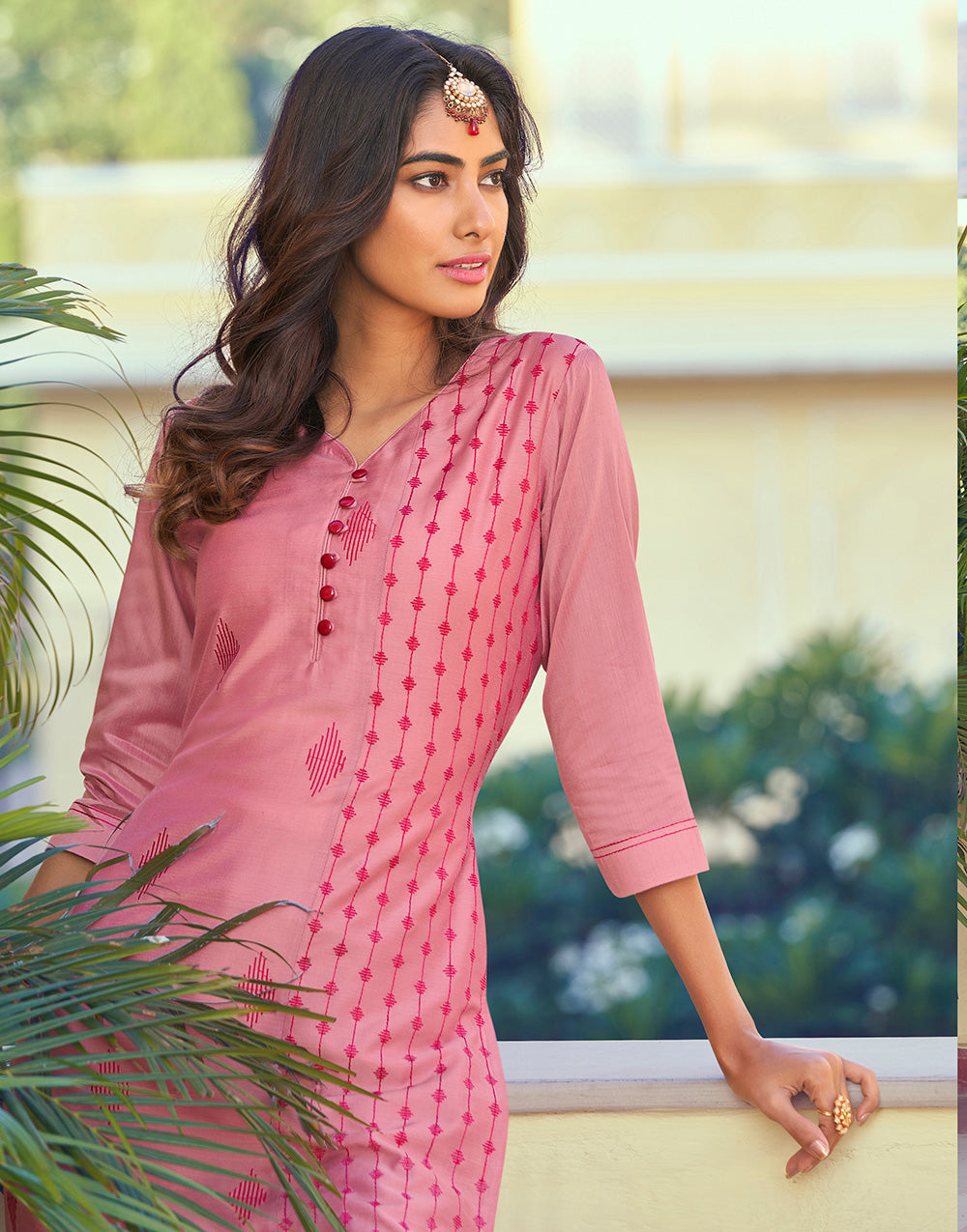 Rose Pink Roman Silk With Embroidery Work Party Kurti