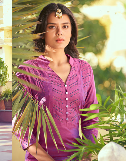 Cerise Pink Roman Silk With Embroidery Work Party Kurti