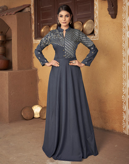 Grey Muslin Silk With Heavy Embroidery Gown