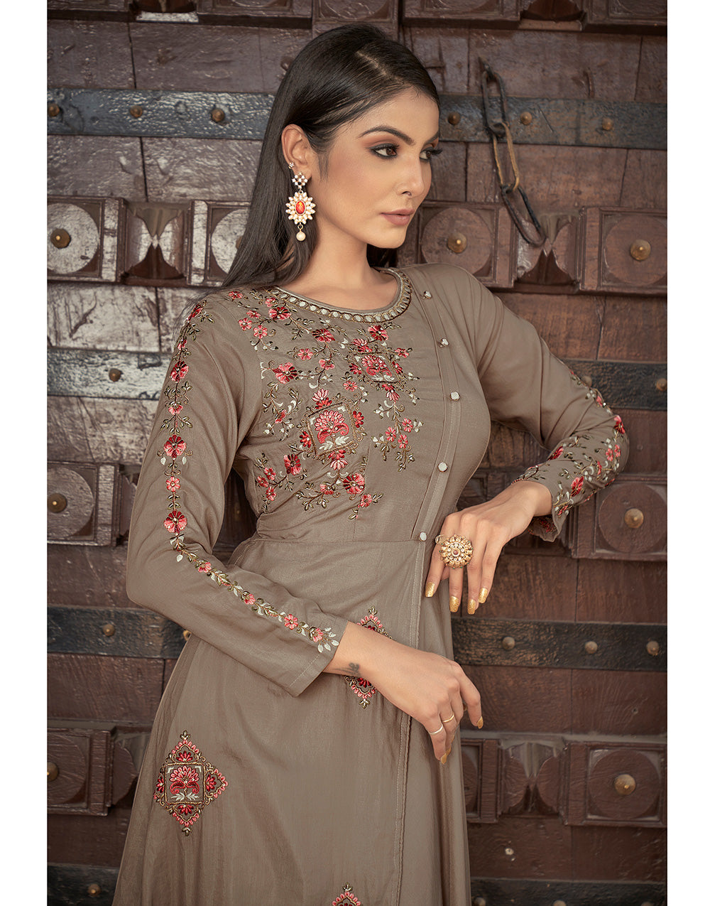 Taupe Beige Muslin Silk With Heavy Embroidery Gown