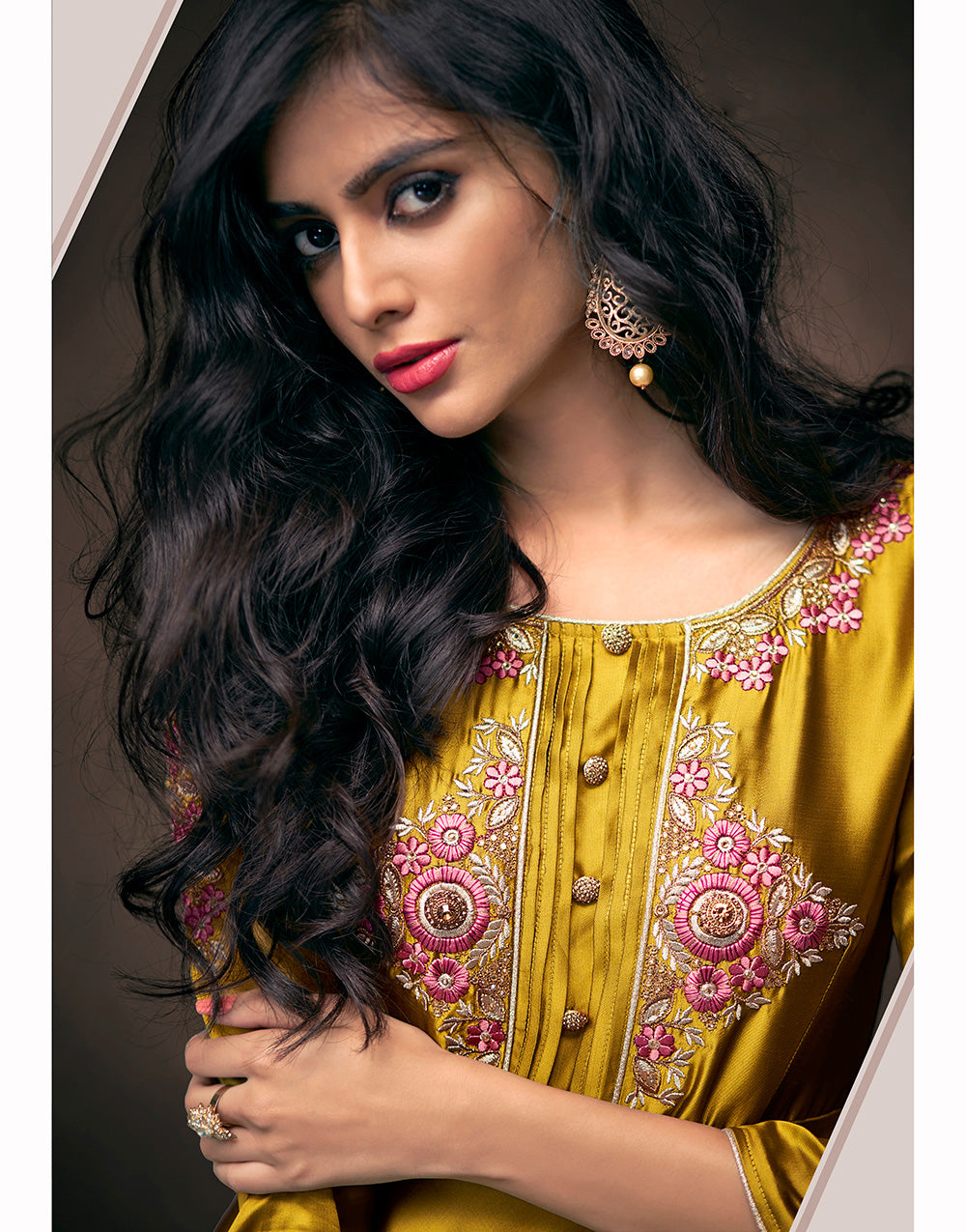 Mustard Yellow Triva Satin Silk With Embroidered Work Gown