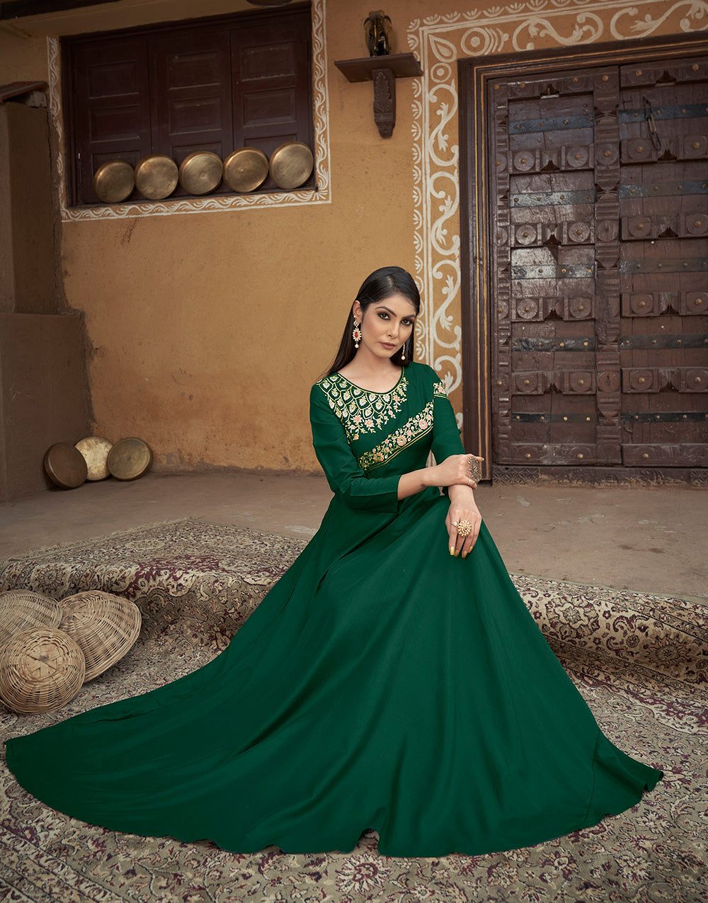 Green Muslin Embroidery Work Gown