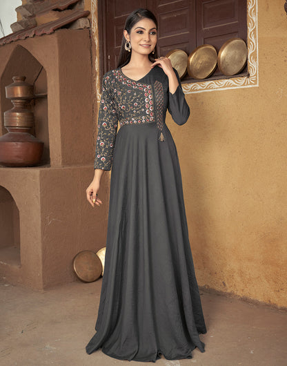 Dark Grey Muslin With Heavy Embroidery Work Gown