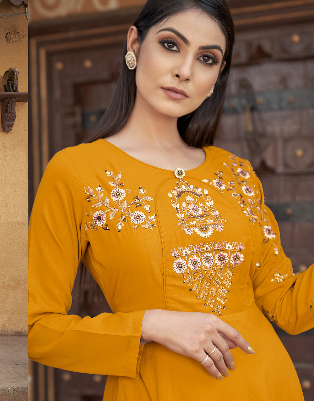 Mustard Yellow Muslin Embroidery Work Gown