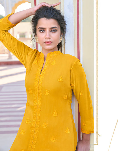 Butter Yellow Fox Georgette With Embroidery Work Kurti