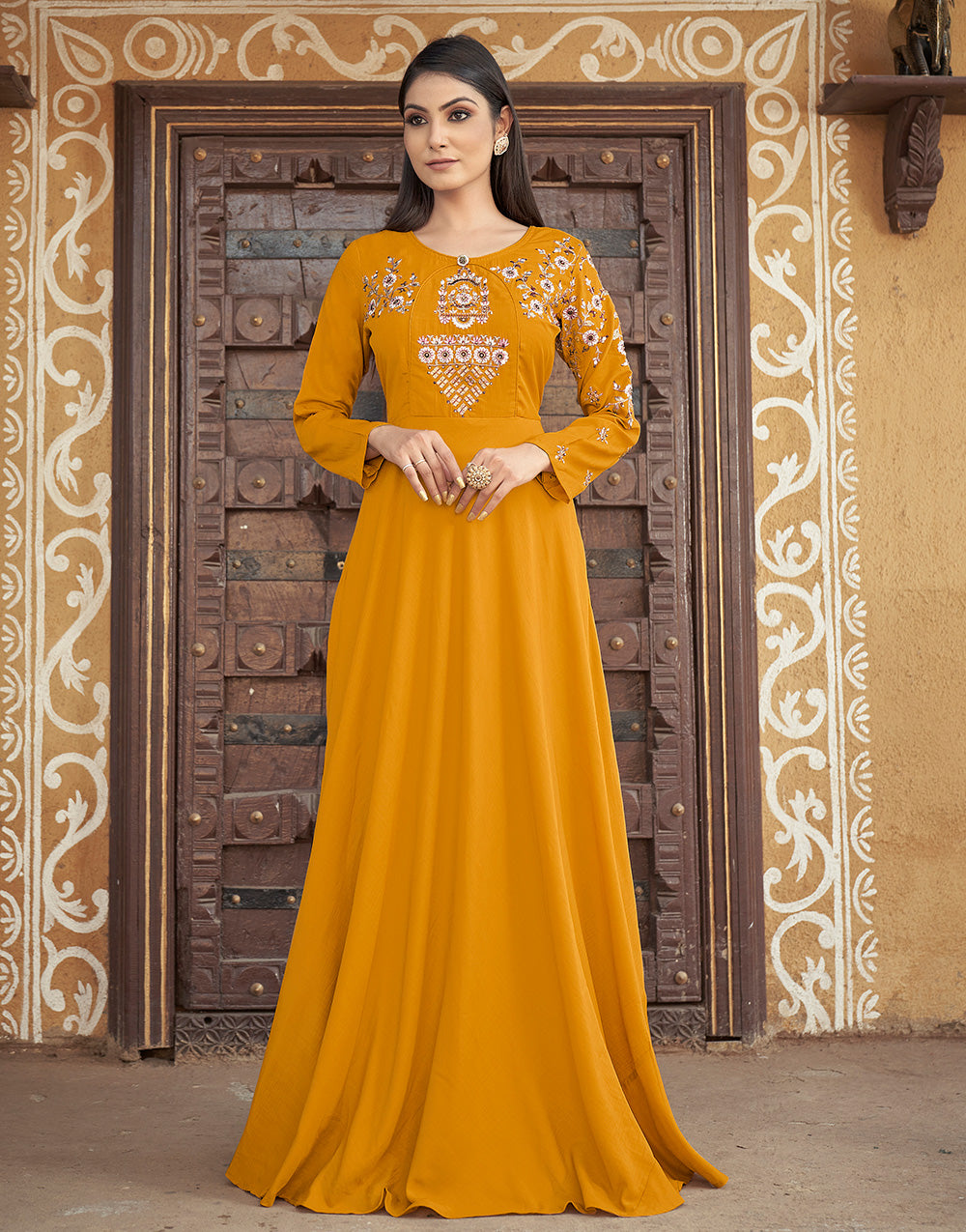 Mustard Yellow Muslin Embroidery Work Gown