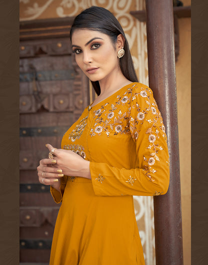 Mustard Yellow Muslin Embroidery Work Gown