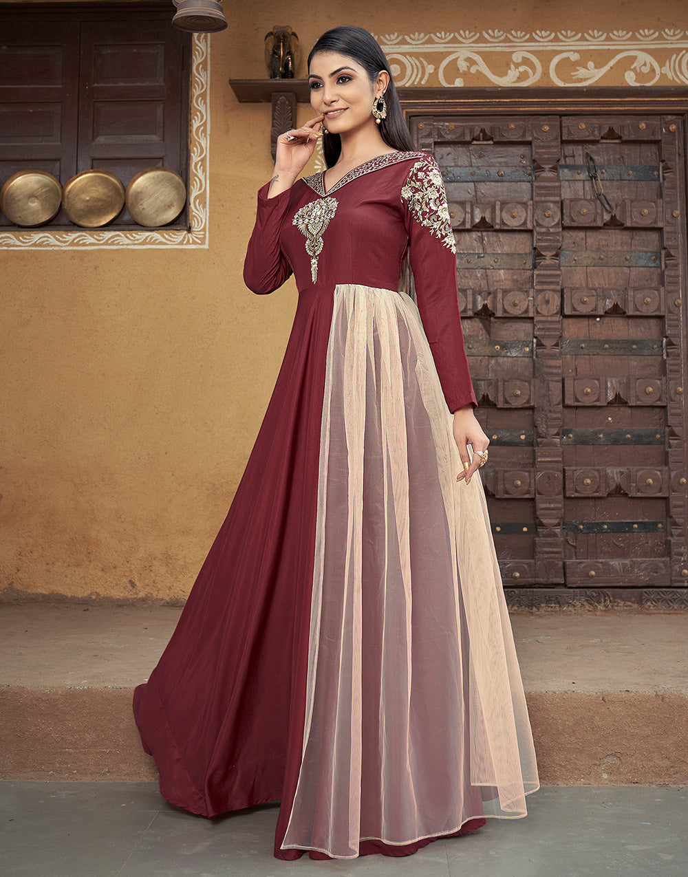 Brown Muslin Silk With Heavy Embroidery Work Gown