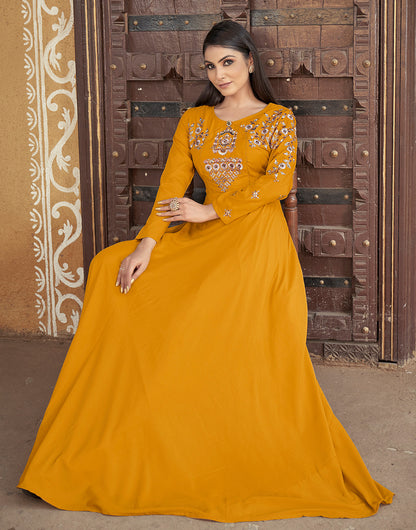 Mustard Yellow Muslin Embroidery Work Gown