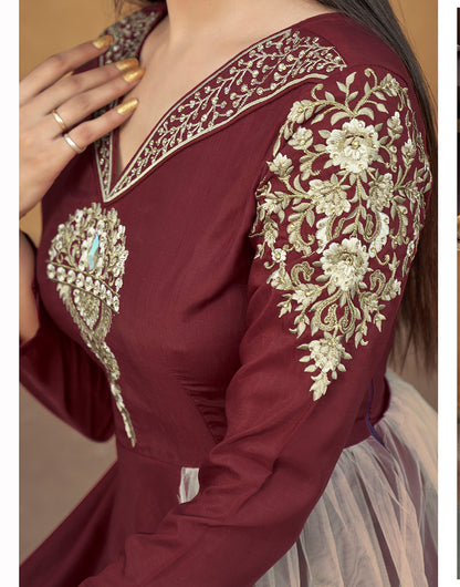 Brown Muslin Silk With Heavy Embroidery Work Gown