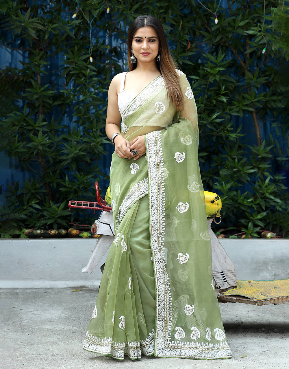 Olive Green Organza Saree With Embroidery Work