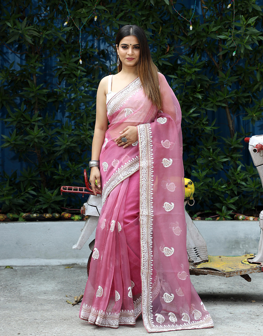 Rouge Pink Organza Saree With Embroidery Work