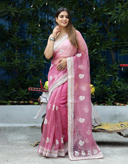 Rouge Pink Organza Saree With Embroidery Work