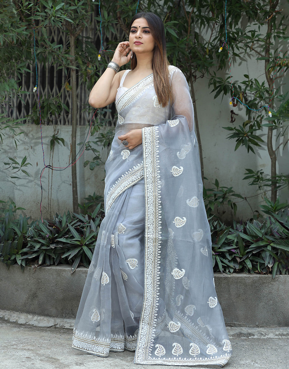Blue Grey Organza Saree With Embroidery Work