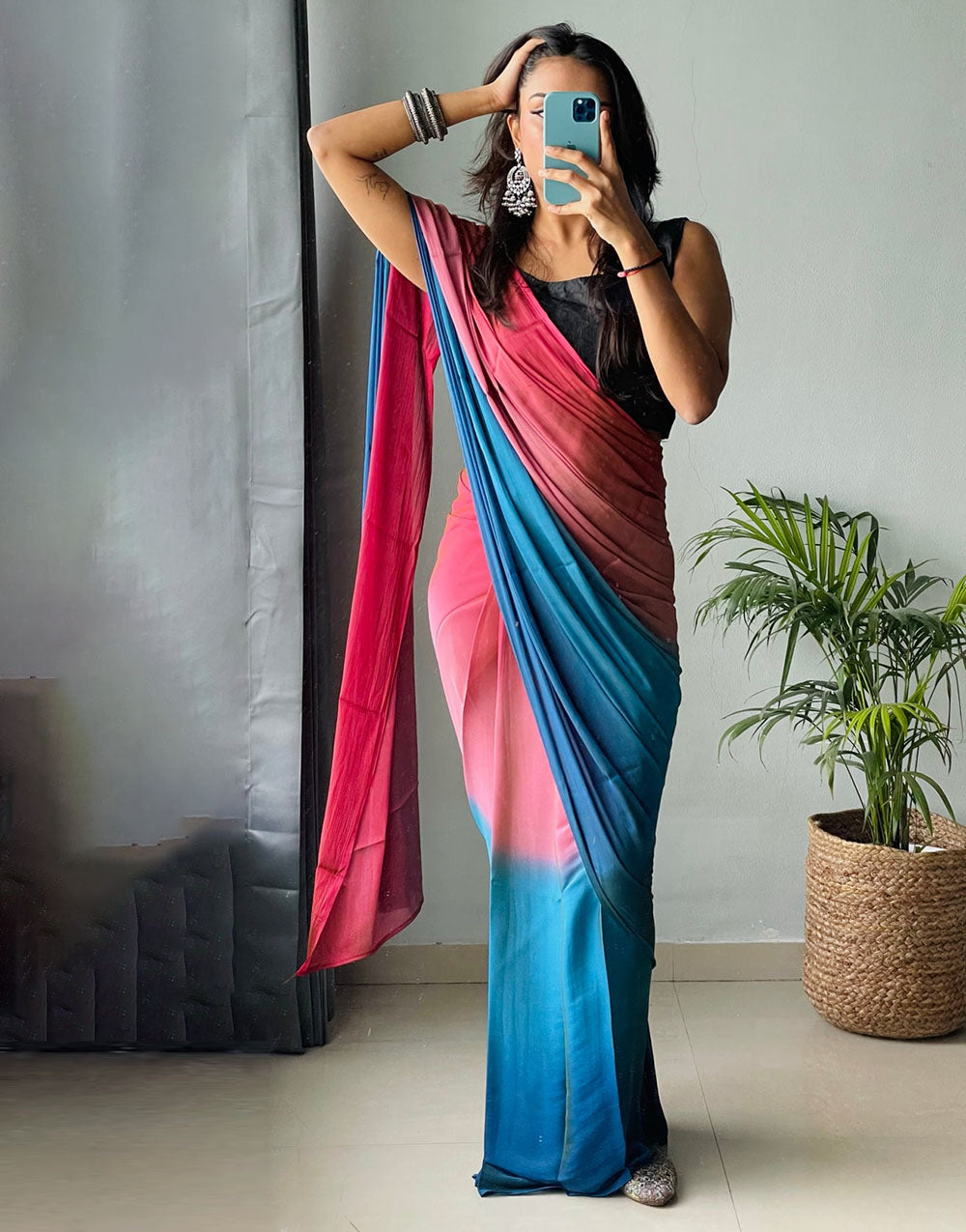 Pink & Firozi Chiffon Silk Ready To Wear Saree