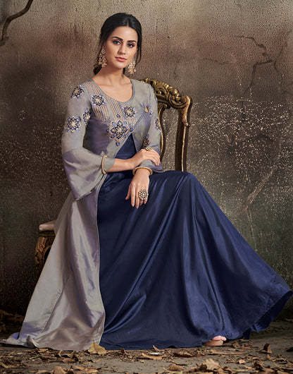 Gray & Blue Soft Taffeta Silk With Embroidery Gown