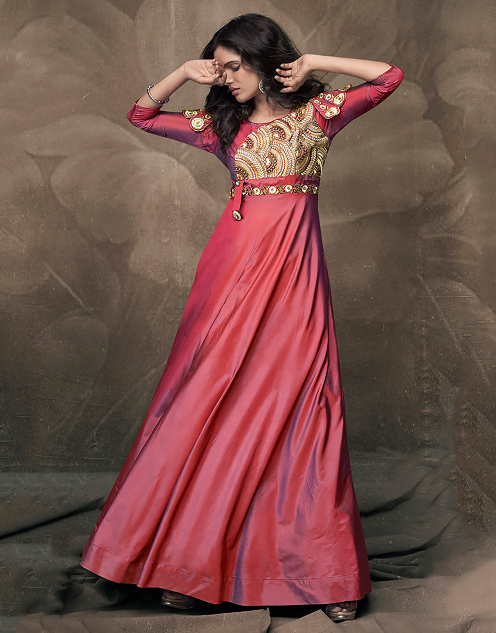 Light Maroon Soft Taffeta Silk With Embroidered Work Gown