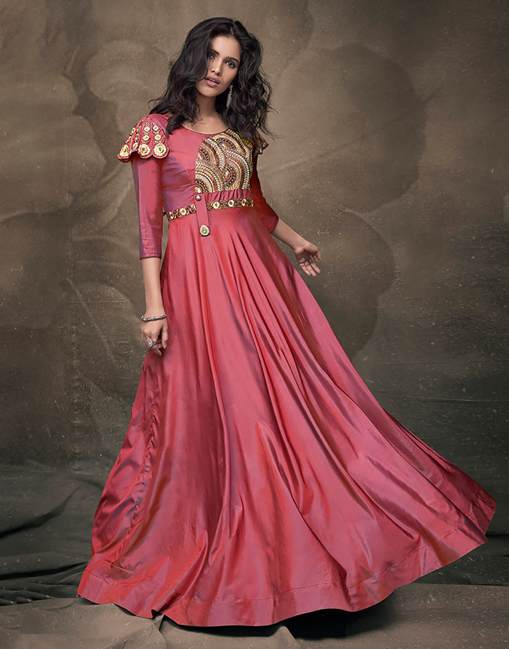 Light Maroon Soft Taffeta Silk With Embroidered Work Gown