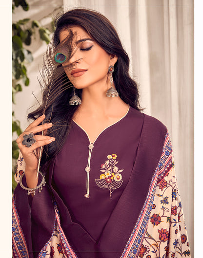 Wine Jam Cotton With Embroidery Kurti