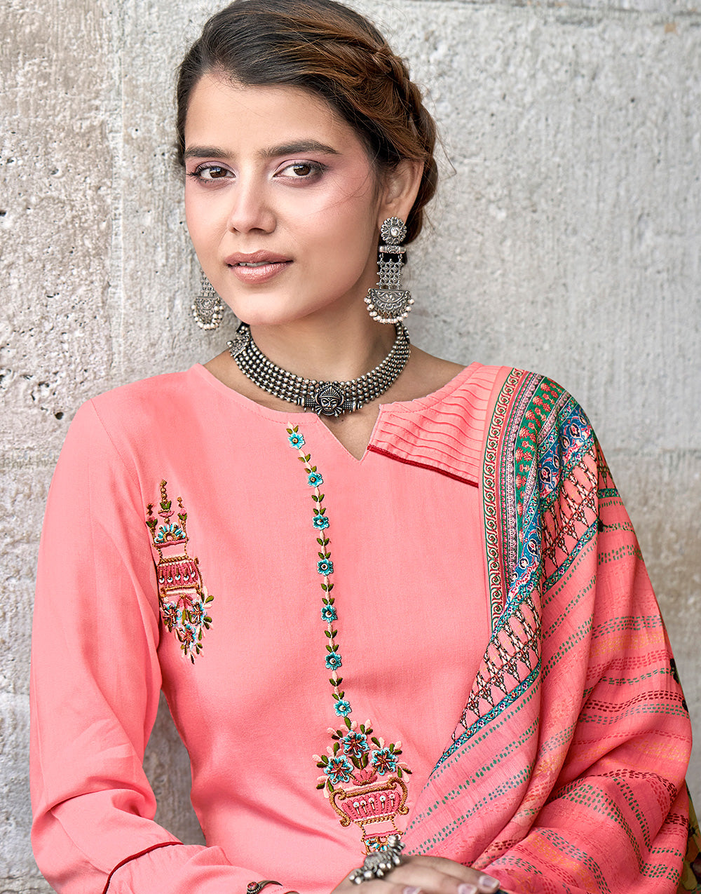 Peach Rayon With Embroidery Salwar Suit