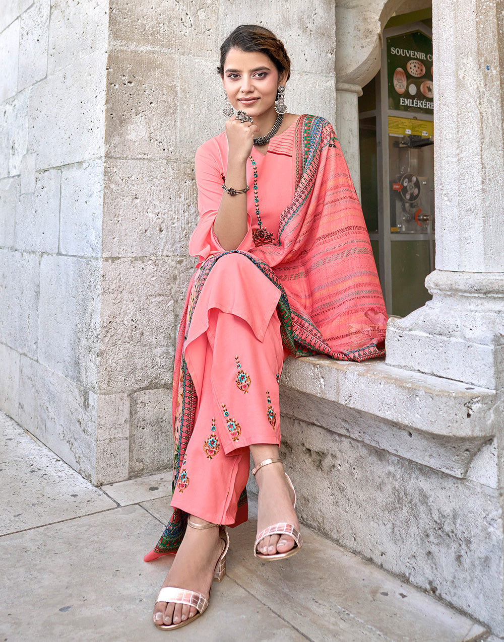 Peach Rayon With Embroidery Salwar Suit