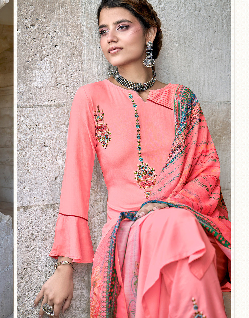 Peach Rayon With Embroidery Salwar Suit