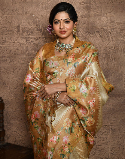 Light Yellow Soft Tussar Silk Saree With Floral Printed Work