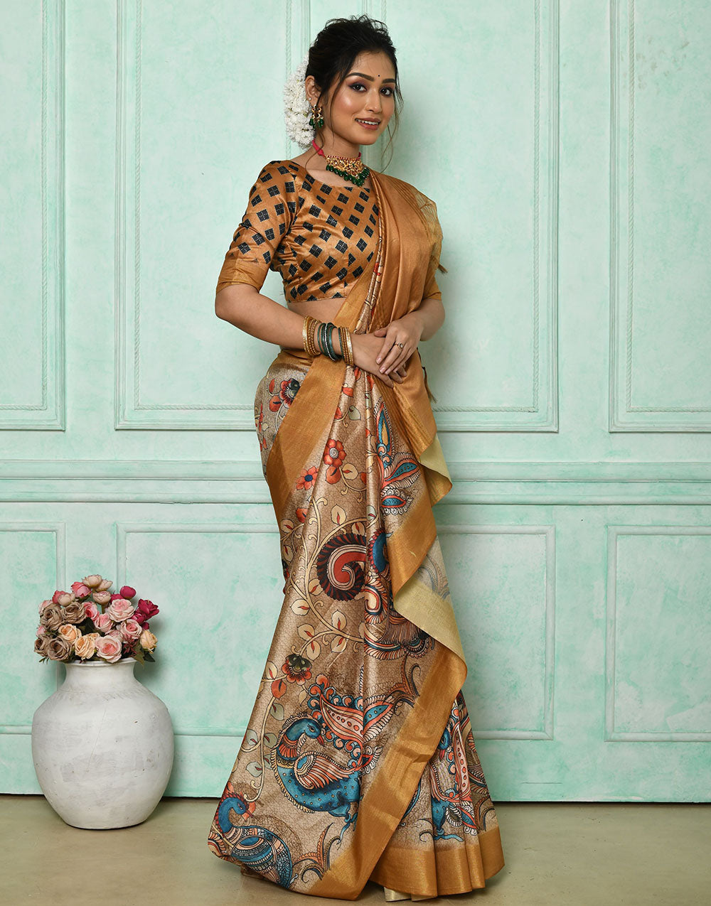 Mustard Yellow Soft Tussar Silk Saree With Kalamkari Printed Work