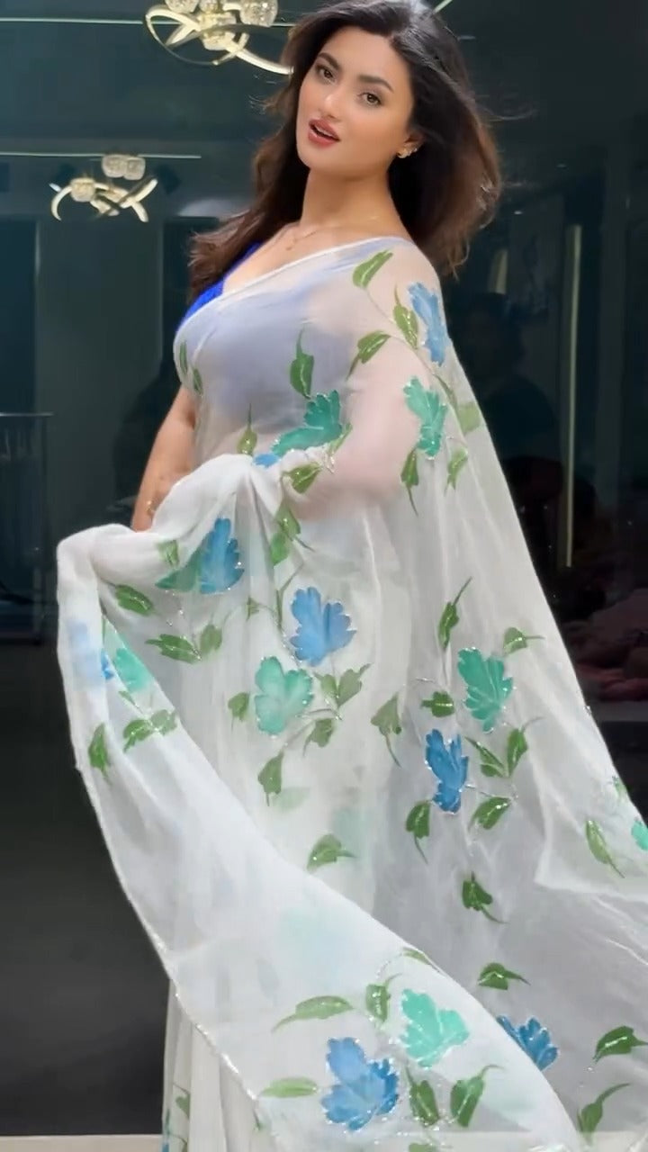 White Colour Orgenza Silk Ready To Wear Saree With Stitched Blouse