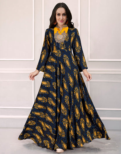 Navy Blue & Yellow Riyon Print With With Embroidered Work Gown