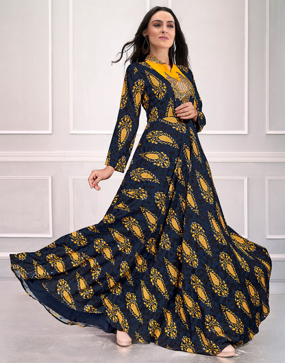 Navy Blue & Yellow Riyon Print With With Embroidered Work Gown