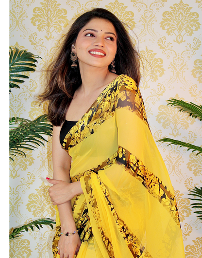 Yellow Georgette Printed Saree With Satin Patta