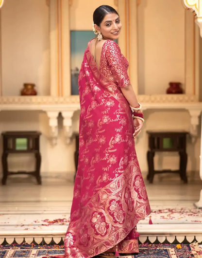 Ruby Pink Banarasi Silk Saree With Zari Weaving Work