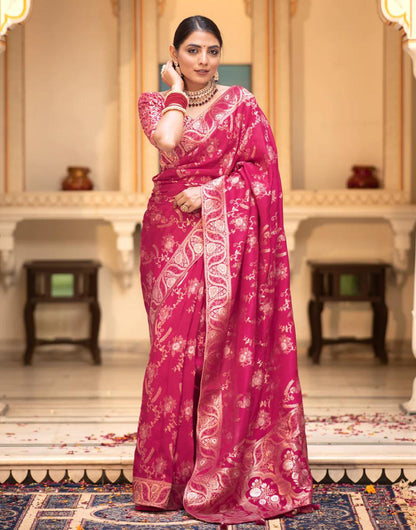 Ruby Pink Banarasi Silk Saree With Zari Weaving Work