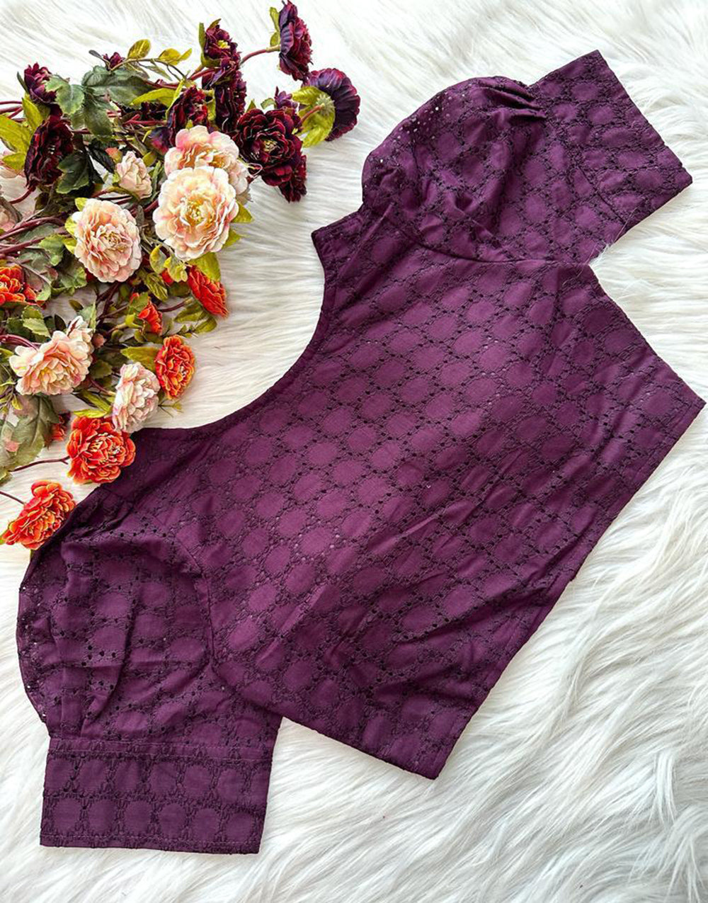 Plum Purple Cotton Chikankari Work & Puff Sleeve Blouse