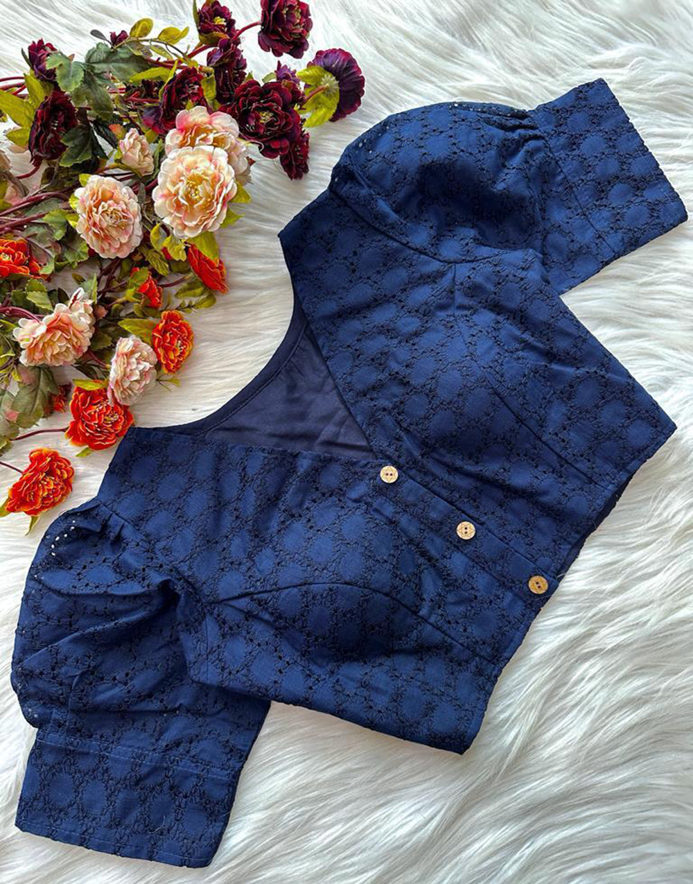 Berry Blue Cotton Chikankari Work & Puff Sleeve Blouse