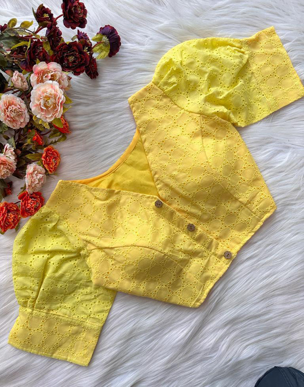 Corn Yellow Cotton Chikankari Work & Puff Sleeve Blouse