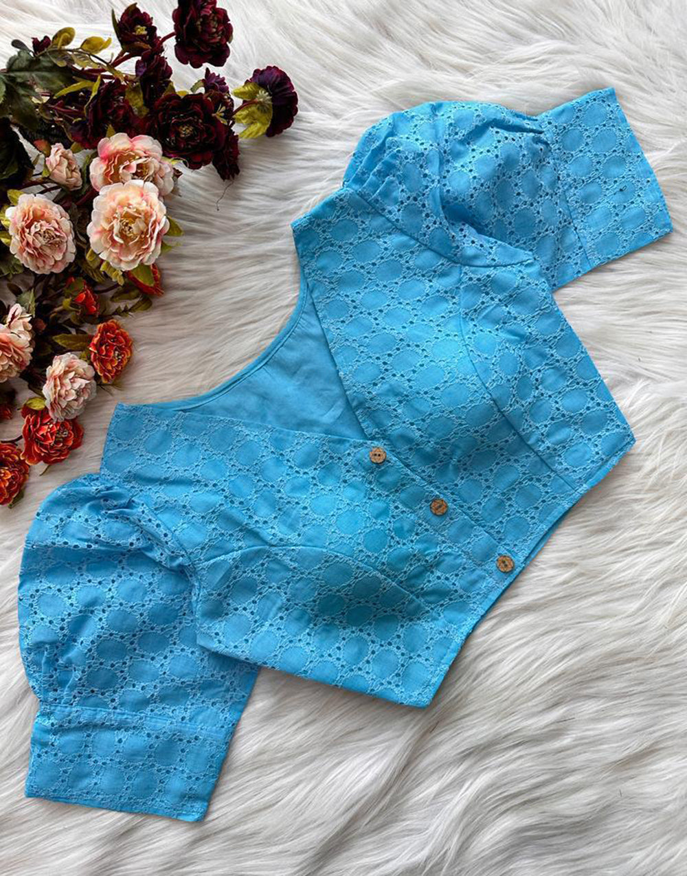 Cerulean Blue Cotton Chikankari Work & Puff Sleeve Blouse