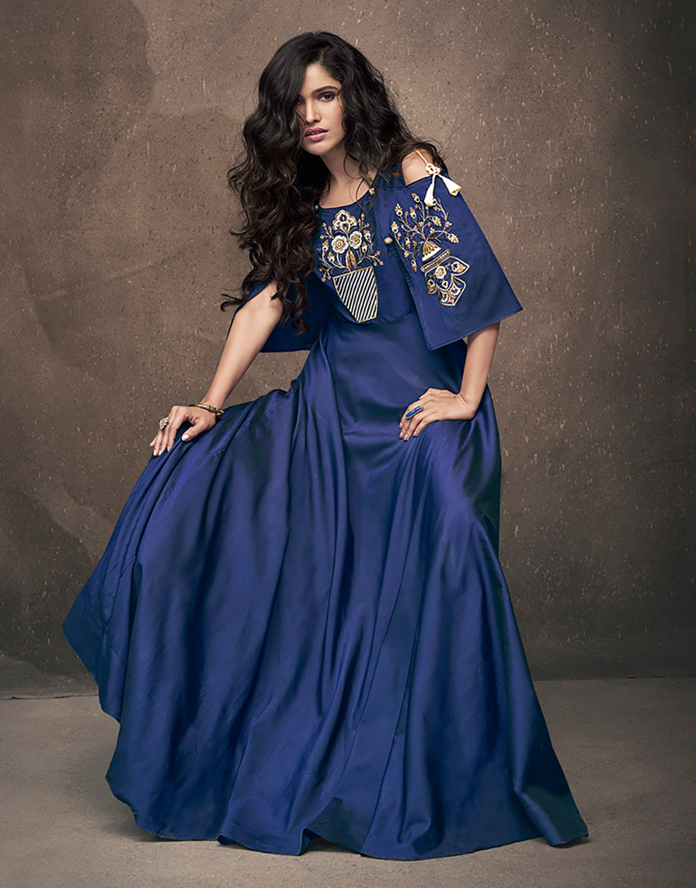 Navy Blue Soft Tapeta Silk With Embroidery Work Gown