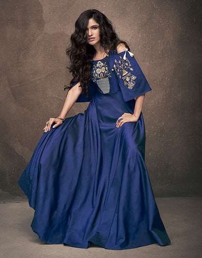 Navy Blue Soft Tapeta Silk With Embroidery Work Gown